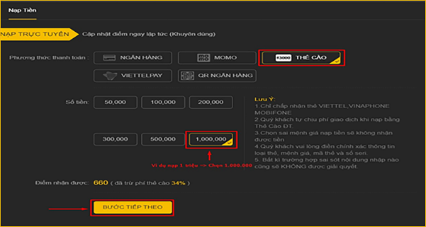 Các bước nạp tiền 888B qua thẻ cào 